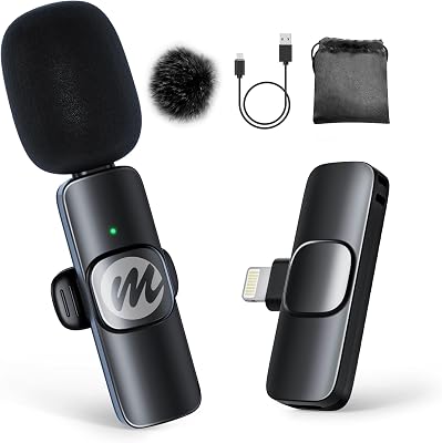 Moman Wireless Lavalier Microphone for iPhone, Clip on Microphone for Video Recording Interview Podcast Vlog YouTube, Wireless-lavalier-Mic-iPhone-Recording