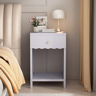 Modern Nightstand with Drawer and Open Shelf, Scalloped Edge Bedside Table for Bedroom, Cute Minimalist Side Table for Bedroom or Living Room Purple