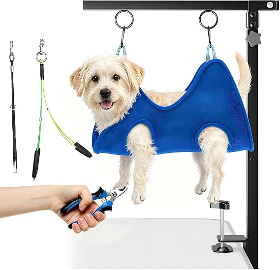 Adjustable Foldable Dog Grooming Arm with Heavy-Duty Clamp: 26" to 40" Height, Includes Safety Hammock & No-Sit Holders Perfect Grooming Restraint for Small & Medium Dogs at Home or Salons