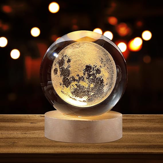 KIZWAPCCOQ Moon Crystal Ball 3D Moon Lamp Cosmic Orbs Crystal with LED Base Suitable for Home Bedroom Office Decoration Galaxy Planet Nightlight Birthday Gifts, BHUSAI01