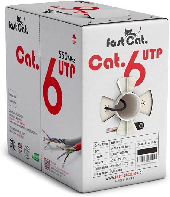 Cat6 Ethernet Cable 1000ft - 23 AWG, CMR, PoE++ (4PPoE) Insulated Solid Bare Copper Wire Cat 6 Cable Noise Reducing Cross Separator - 550MHZ / 10 Gigabit Speed, UTP Cat6 Cable 1000ft (Black)