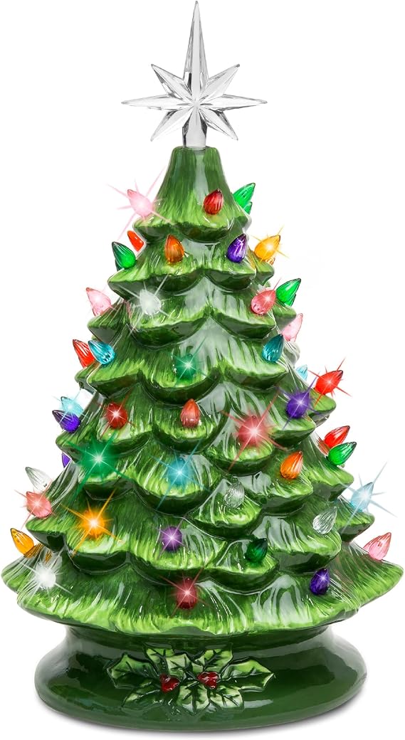 Best Choice Products 15in Ceramic Christmas Tree, Pre-lit Hand-Painted Tabletop Holiday Tree, Star Topper, 64 Lights - Green w/Multicolored Bulbs
