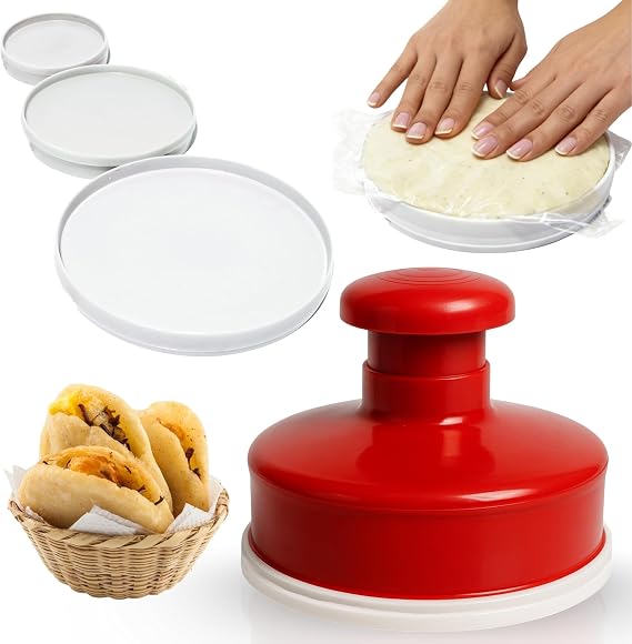 Molde para Arepas Colombianas + Prensa para Arepas Grande (5.7 in) Combo Kit with 3 Molds (5.9", 4.3", 3.1") Arepas Press, Molde para Empanadas Multi-Purpose Mold for Latin Dishes