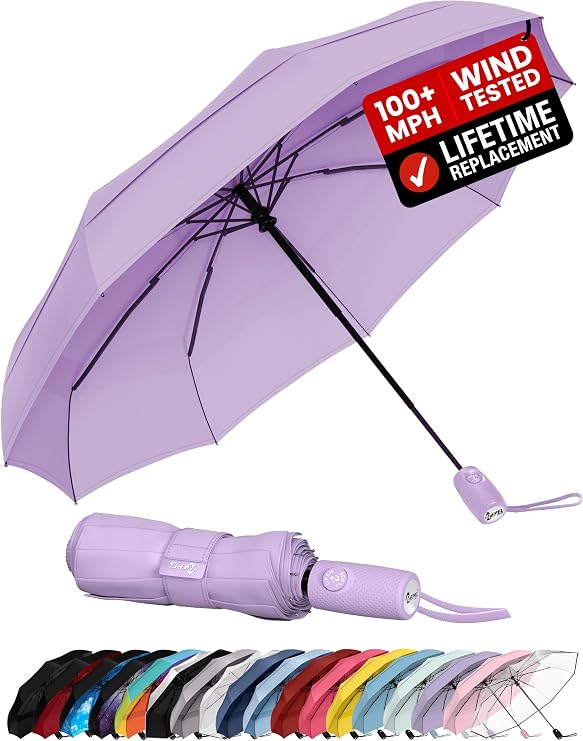 Windproof Travel Umbrella - Compact & Withstands Winds up to 100MPH, Strongest Premium Auto Folding Umbrella for Rain and Sun - Durable, Light & Portable for Women & Men, Fits Backpack & Cars