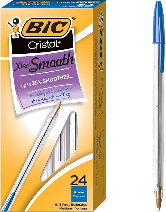 BIC Cristal Xtra Smooth Blue Ballpoint Pens, Medium Point, 24-Count