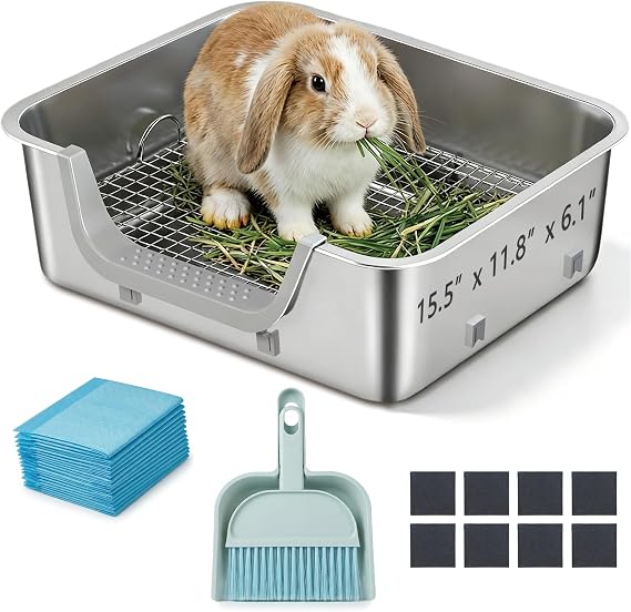 Stainless Steel Sifting Litter Box for Rabbit, Bunny, 15.511.8x6.1 inch | One Piece Stainless Steel, Widen Entrance Steps, Encrypted Metal Grate, Raised Border, Easy Clean, For Guinea Pig, Ferret