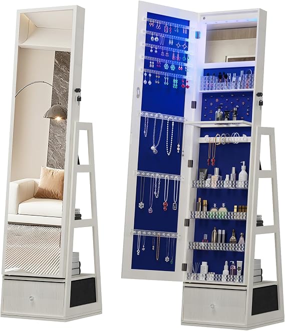 360Swivel Jewelry Armoire with Full Length Mirror, 360Rotating Standing Jewelry Cabinet Organizer, Lockable Storage Cabinet, Interior Lighted Mirror, with 1 Drawer, White