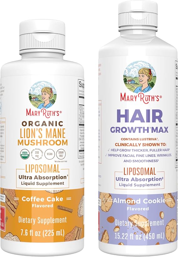MARYRUTH'S Organics Lion's Mane Liposomal (Coffee Cake) & Hair Growth MAX (Almond Cookie) | Clean Label Project Verified | Vitamins for Cognitive Support, Beauty, and Overall Health | Vegan, Non-GMO