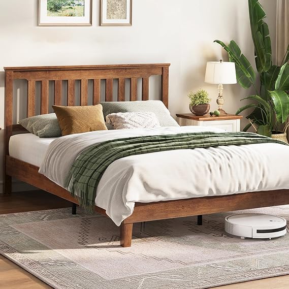 LINSY Wood Bed Frame, Queen Bed Frame Solid Wood Platform Frames with Headboard and Slat Bases, Wooden Bedframe No Box Spring Needed, Easy Assembly, Walnut