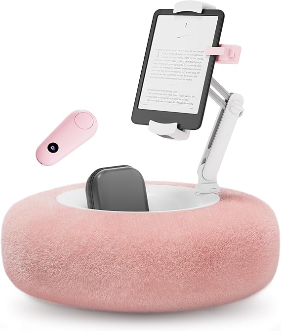 VOLTIFYMAX Tablet Pillow Stand with Kindle Page Turner for Reading in Bed, 360Adjustable iPad Holder with Snack Bowl, ComPatible with 4.7''-13''Kindle Accessories/Paperwhite/iPad/iPhone/Samsung, Pink