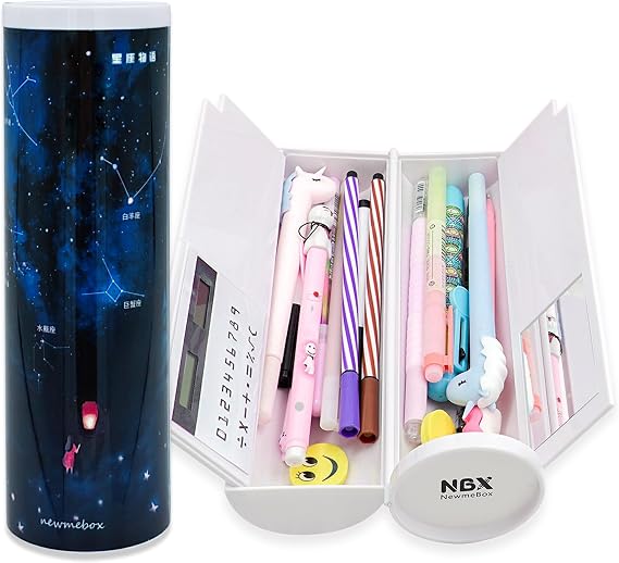 Pencil Case with Calculator, Mirror, Whiteboard, Cute and Cool Cylinder Pen Box, Multifunctional Desk Organizer, Kawaii Patterns for Girls, Boys, School Supplies, Kids(Constellation)