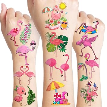 96 PCS Pink Funny Flamingo Temporary Tattoos for Kids - Pre-Cut Waterproof Sticker Summer Tropical Hawaiian Luau Party Favors Decorations Birthday Supplies Gifts Girls Boys Prizes School (Normal)