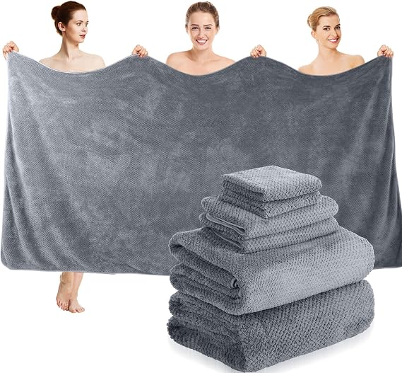 Peryiter 6 Pcs Bath Towel Set Oversized Bath Sheet Super Soft Microfiber Bathroom Sheets for Adults Quick Dry Highly Absorbent Shower Towel Sets for Bathroom Dorm Spa Gym Hotel Yoga(Gray)