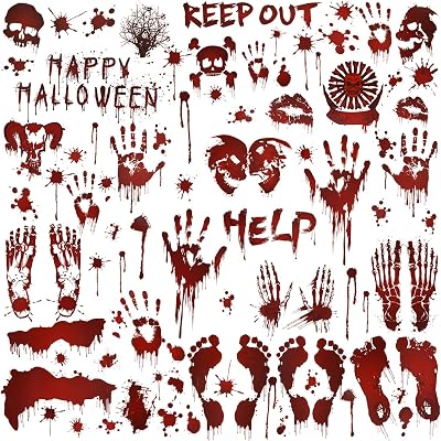 HOWAF 80pcs Halloween Creepy Bloody Hands Window Stickers Handprint Decals Footprint Window Clings with Blood Splatter for Haunted Houses Window Decorations Halloween Party