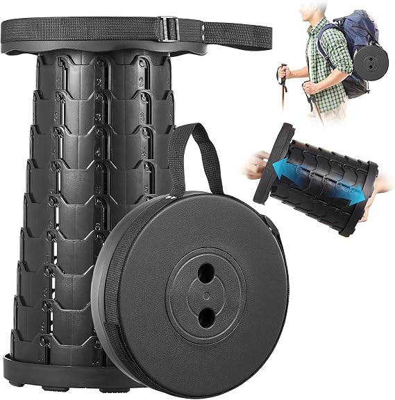 Yabano Portable Folding Stool, Lightweight & Sturdy Retractable Telescopic Stool, Collapsible Plastic Stool for Camping, Fishing, Hiking, BBQ, Outdoor & Indoor Use (Black)