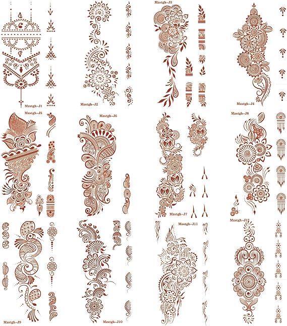 12 sheets Henna Tattoo Stickers, Brown Henna Tattoo kit,Waterproof Red Ink Henna hands Tattoo,for Women Party Decorations