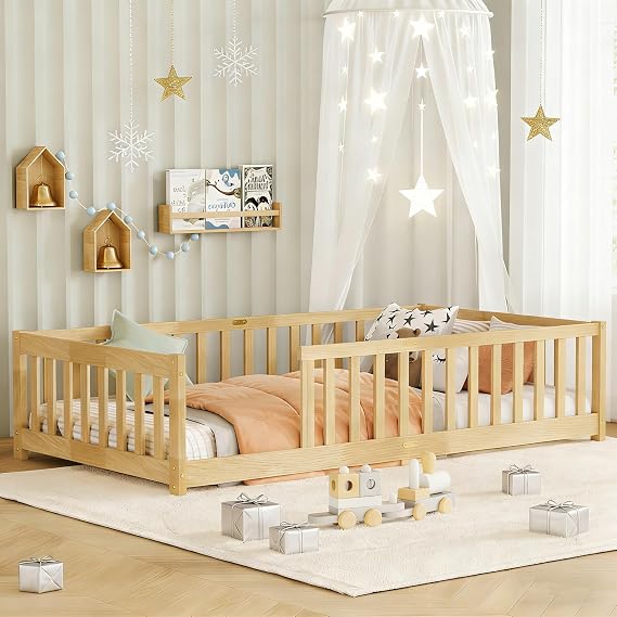 Twin Floor Bed for Kids, Montessori Floor Bed Frame with Rails and Slats, Wood Twin Beds with Fence, for Boys & Girls Bedrooms, Without Door, Natural