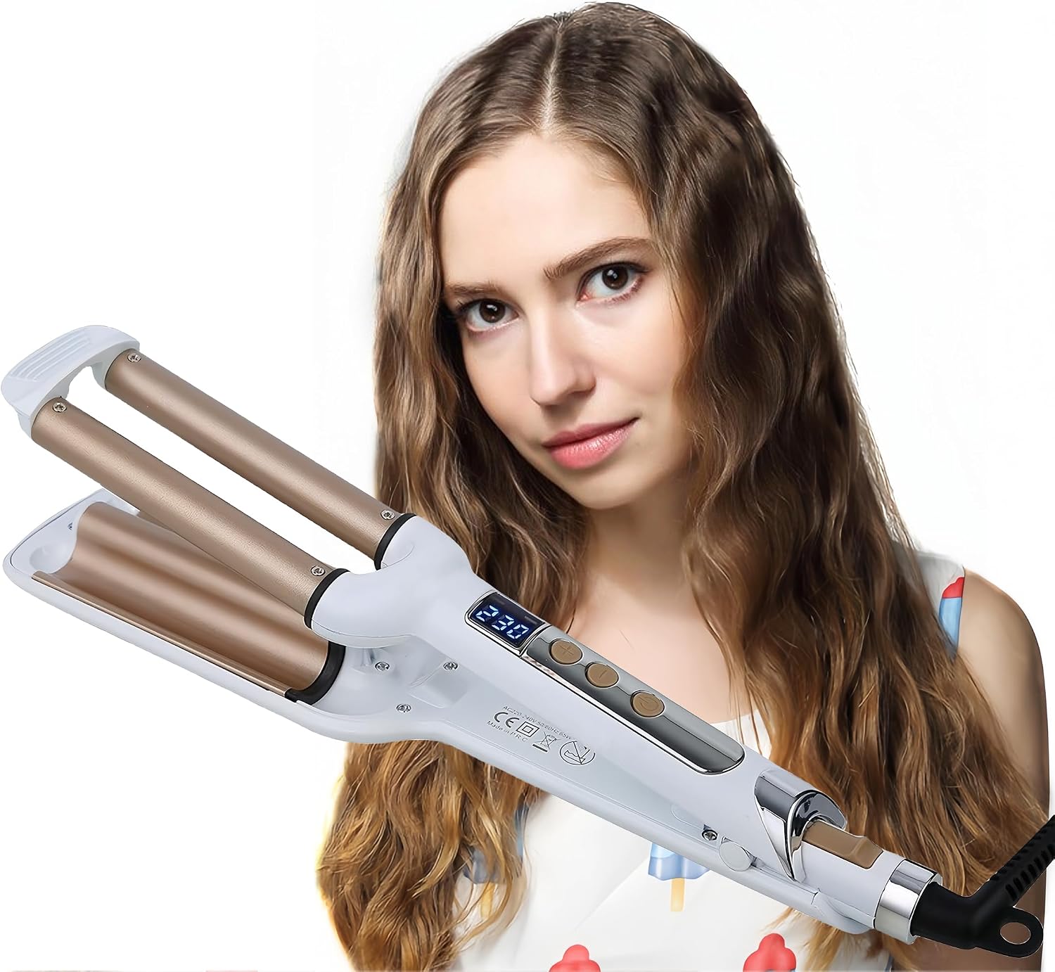 YONAIL 3 Barrel Curling Iron Hair Waver, Wavy Hair Curler, 16mm Beach Wave Curling Wand, Triple Barrel Wave Curler Tongs for Short Long Hair White