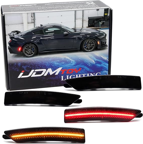 iJDMTOY 4pc Set Dark Smoked Lens Amber/Red Full Strip of LED Front & Rear Side Marker Light Kit Compatible With Ford 2024-up Mustang (S650)
