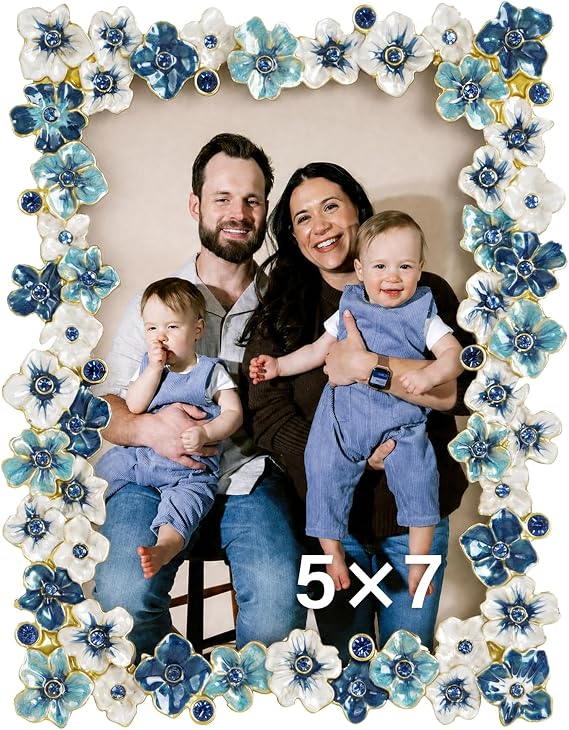 5x7 Blue Flower Picture Frame with Rhinestones
