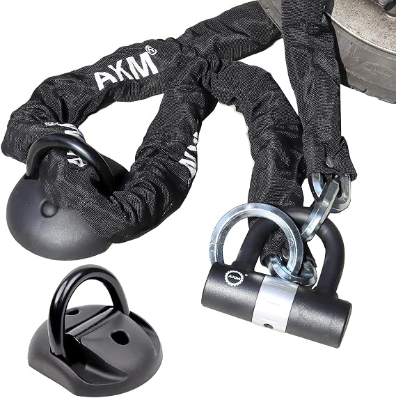 AKM Anti-Theft 10mm Thick 90cm/3ft Motorcycle Chain Lock and 14mm Security Heavy Duty Ground Anchor Wall Anchor with 4 Keys Security 16mm U Lock Disc Lock