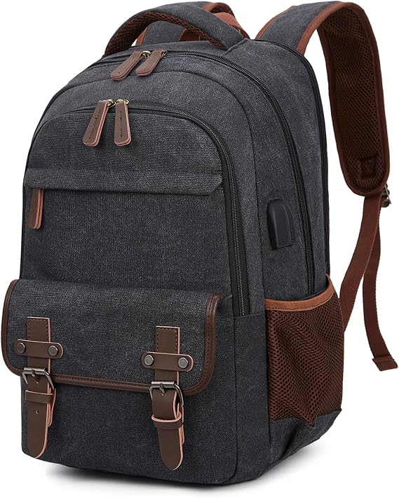 Canvas Travel Laptop Backpack for Men Women, business Work Rucksack College School Computer Bag Fits 15.6 Inch Laptop, Bookbag with USB Charging Port (Black)