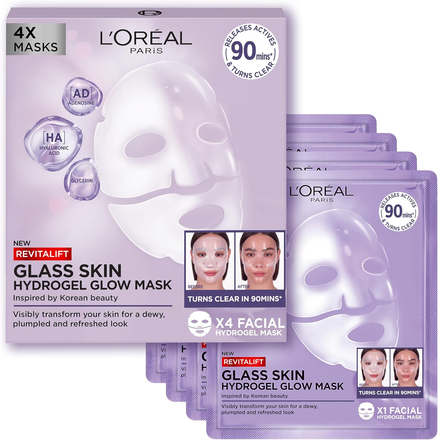 L'Oreal Paris Revitalift Filler Hydrogel Glow Mask 4 Pack, for Glass Skin, Korean-Skincare Inspired, Tissue Face Mask, Visibly Transform Skin, Dewy, Plumped and Refreshed Look, 4pc