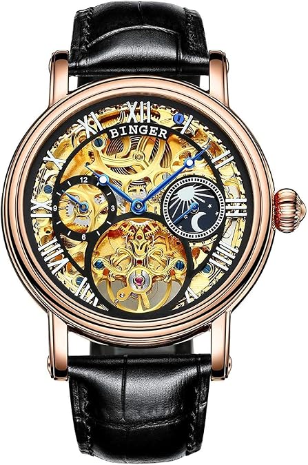 Men's Watch Automatic Mechanical Gold Silver Stainless Steel Black Leather Band Skeleton Watches