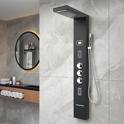 MORADO 55 Inch Shower Panel Tower System, Shower Tower Panel System, Waterfall Shower Faucet Set, 6 in 1 Water Massage System, Brushed Nickel, Brushed Black Brushed Black