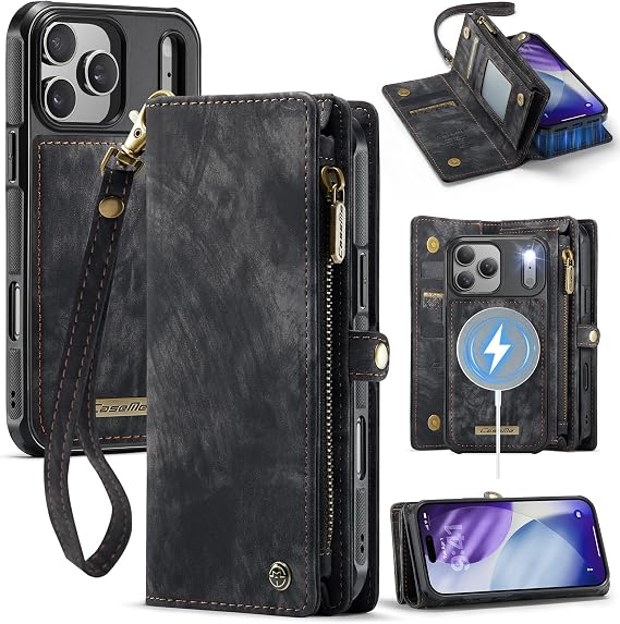 iPhone 17 Pro Max Case, Notebook Type, Stand Function, 8 Card Pocket, Strap, Popular, Stylish, Drop Prevention, Shock Absorption, Abrasion Resistant, Zipper, Wallet Type, For iPhone 17 Pro Max, Case Cover, Genuine Leather, Black