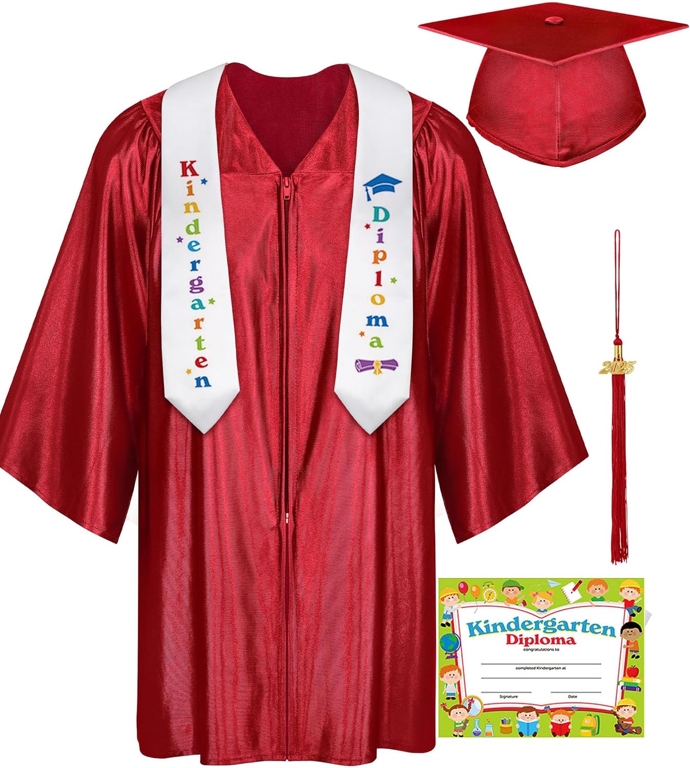 Shiny Kindergarten & Preschool Graduation Gown Cap Tassel and Stole Set with 2025 Charm for Kids