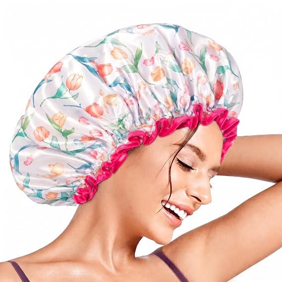 Aquior Shower Cap for Women, Waterproof Reusable Hair Cap with Soft Elastic, Large Size for Long Hair, Cute Bath Cap for Shower, Skincare, Cooking, Spa and Travel Use