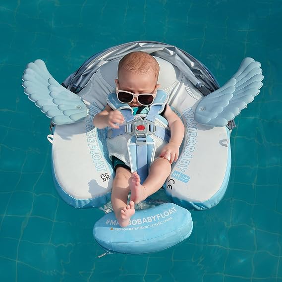 Mambobaby Float Add Tail Baby Swim Float with Canopy Solid Pool Infant Swim Trainer Swimming Training Lying Air Free Water Floats Non-Inflatable Waist Swim Ring for Toddlers (Angel)