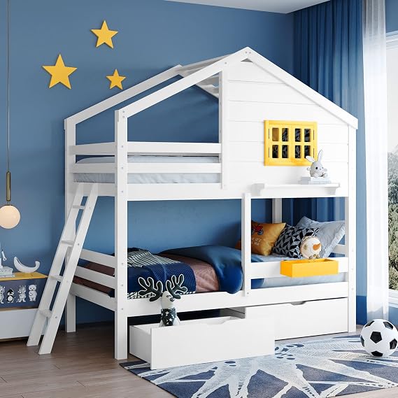 KLMM Twin Over Twin Bunk Bed with 3 Drawers and 1 Shelf, Wooden House Shaped Bunk Bed with Ladder/Window/Roof for Kids, Bedroom Furniture, Can be Decorated Tent (White/3 Drawers)