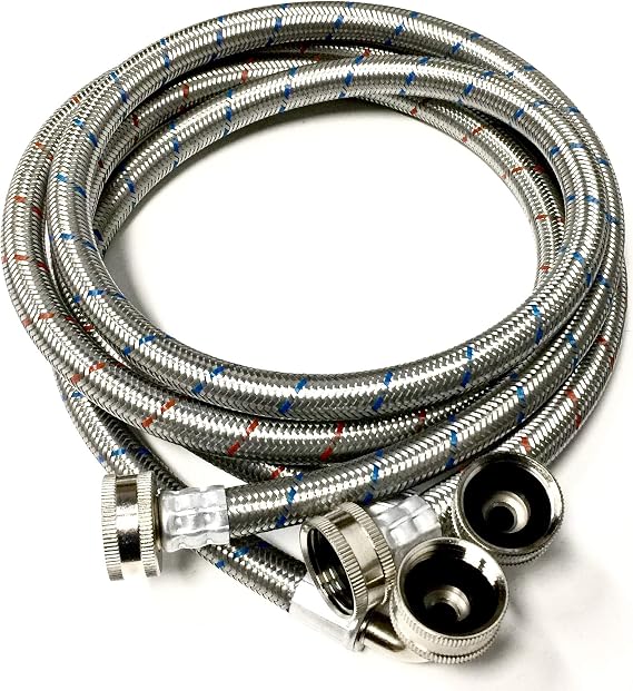 2-Pack Premium Stainless Steel Washing Machine Hoses - 4 FT No-Lead Burst Proof Red and Blue Lined Water Inlet Supply Lines - Universal 90 Degree Elbow Connection -