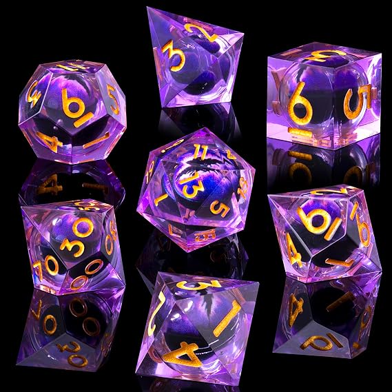 Beholder's Dragon Eye DND Dice Set, 7pcs Liquid Core Dice with Gift Box, Handmade Sharp Edge Resin Dice for Role Playing Dungeons and Dragons Ttrpg(Purple Dragon Eye)