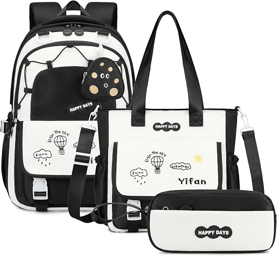 School Backpack for Girls, 3PCS Girls Backpack with Tote Bag Pencil Case,Cute Teens Bookbag for Elementary Middle High School (Black)