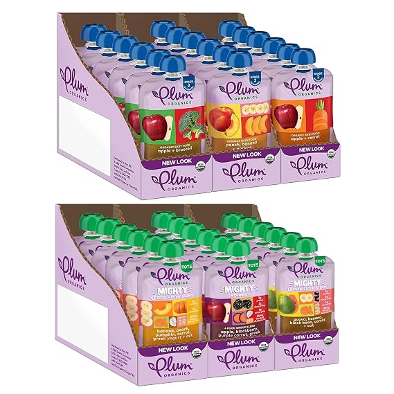 Plum Organics Baby Food Meal Variety Packs - Stage 2 Fruit/Veggie Pouches, 3 Flavors (18 Pack) & Tots Mighty Morning Pouches, 3 Flavors (18 Pack)