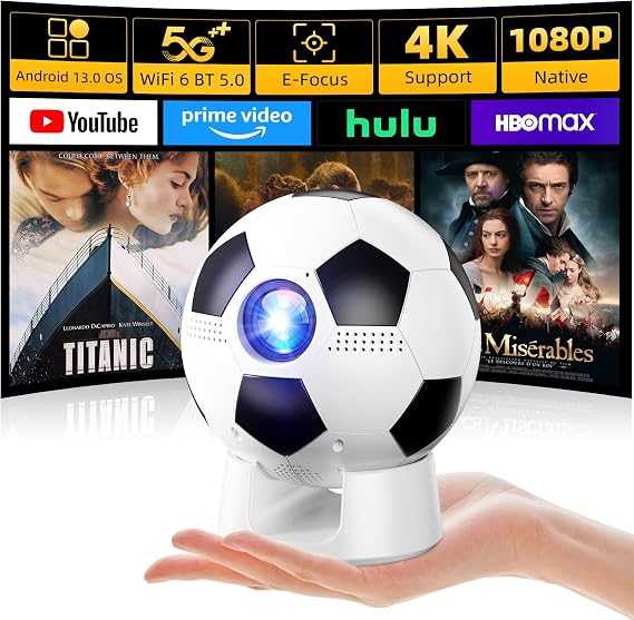 |Built-in Apps| Smart Projector with WiFi and Bluetooth, Mini Projector with Native 1080P Resolution, Dual Bond Wi-Fi 6,180 Rotatable Integrated stand, Gift for Kids, Students, Soccer Fans