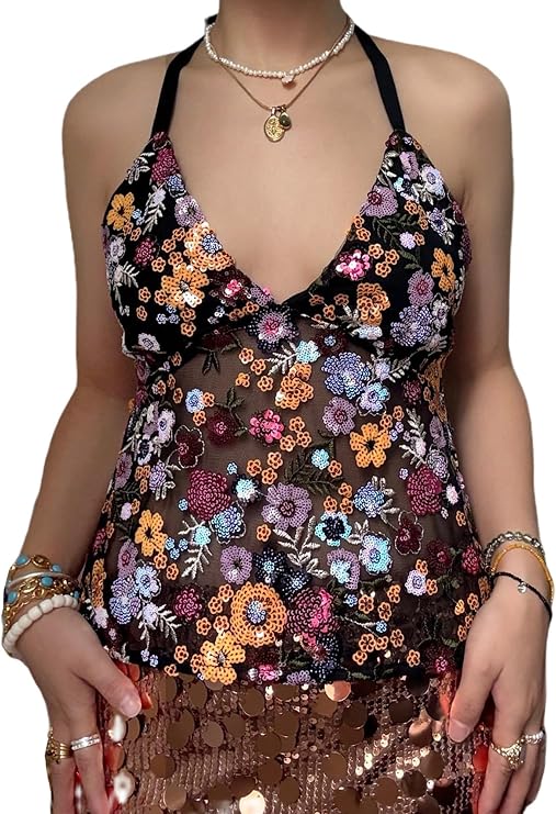 Women's Y2K Sparkly Beaded Halter Camisole Sequined Floral Embroidered Sheer Mesh V-Neck Sleeveless Backless Sexy Tie Top