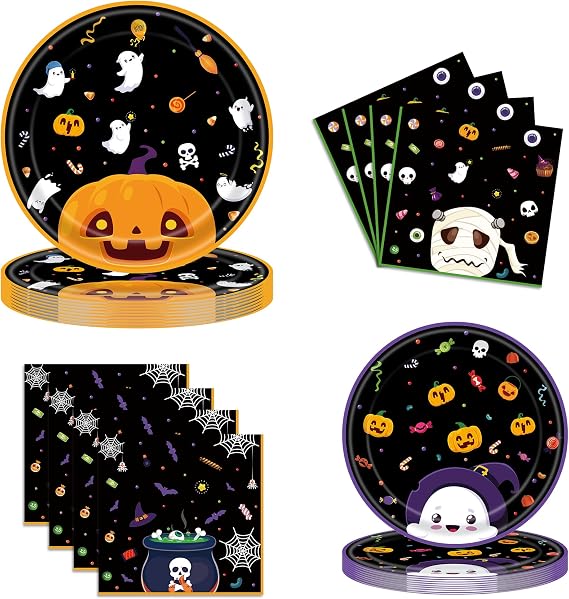 90Pcs Halloween Party Supplies, Halloween Plates and Napkins, Pumpkin Ghost Disposable Tableware for Party Decorations, Serve 30