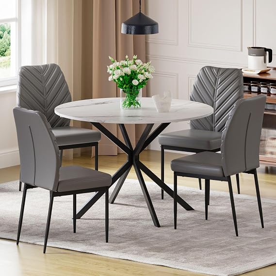 Hello-5ive 5-Piece Dining Table and Chairs Set, Dining Table Set Kitchen Furniture, Round Marble Effect Dining Table with 4 Leaf Pattern Dining Chairs,Modern Dining Room Set for Home Kitchen