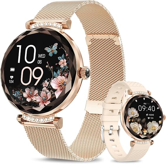Smart Watches for Women (Answer/Make Calls), 1.19" AMOLED Always-On Display Touch Screen Smartwatch for Pedometer, Heart Rate, Sleep Monitor (Gold)