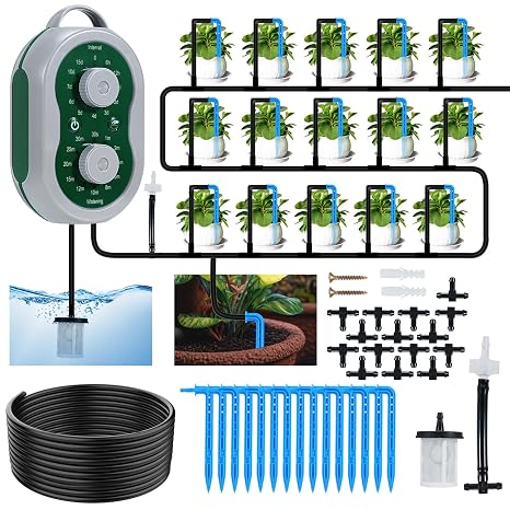 Automatic Drip Irrigation System Kit for 15 Potted Plants, Indoor Self Watering System Plant Watering Devices Plant Waterer with Programmable Water Timer for Garden Balcony Greenhouse Vacation