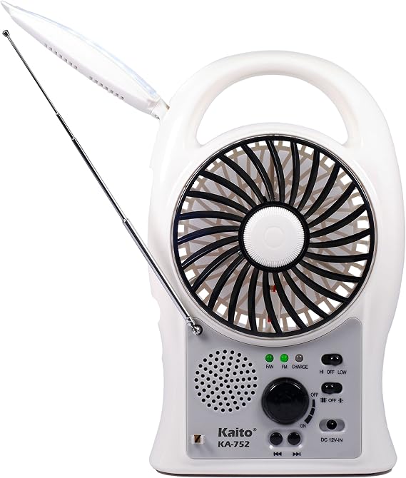 Kaito Portable Electric Fan 3-in-1 KA752 Rechargeable 5" 2-Speed Battery-Powered Personal Fan with Scan FM Radio & 24-LED Camping Lantern