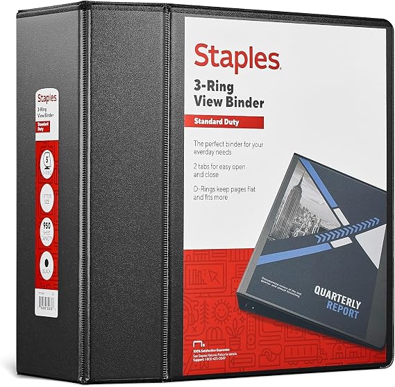 Staples Standard 5-Inch D-Ring View Binder, High Capacity Holds Up to 1,050 Sheets, Black, for Office & Archiving