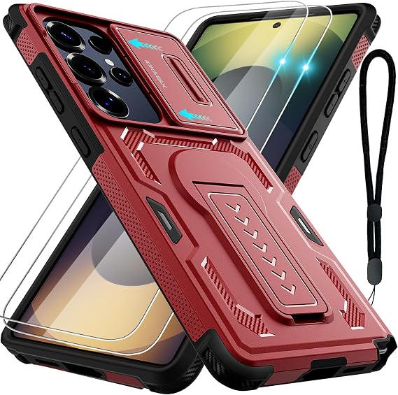 for Samsung Galaxy S25 Ultra Case with 2*Screen Protector, Slide Camera Cover & Kickstand, Lanyard Strap,Military Grade Shockproof Protective Heavy Duty Non-Slip, Matte Red
