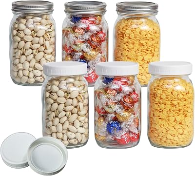 6 Pack 32 oz Mason Jars, Wide Mouth Mason Jars with Lids and Bands and 6 White Plastic Mason Jar Lids, Canning Jars for Overnight Oats, Food Storage, Dry Food, Snacks, Candies and More
