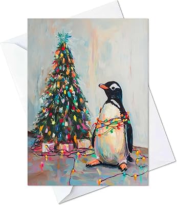 Penguin Tangled in Christmas Lights Greeting Cards - Cards with Envelopes - Set of 10 Large 5.8 x 8.3 inch Folded Card Blank Note Cards Holiday 1 Penguin, Pack of 10