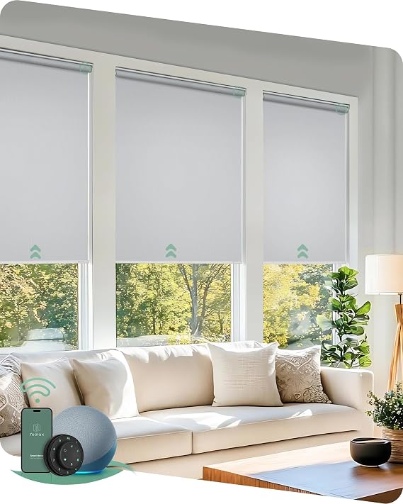 Yoolax Motorized Blinds with Remote, Blackout Waterproof Smart Blinds Compatible with Alexa, Apple Homekit, Google Home, Automatic Roller Shades for Living Room Office, Customized (Vinyl White)